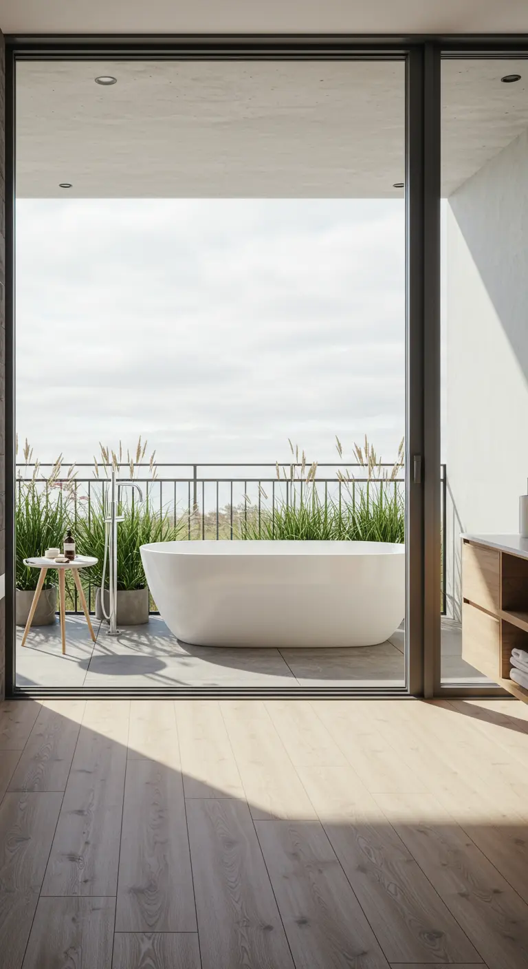 Baño con grandes puertas de cristal que se abren a una terraza con plantas.