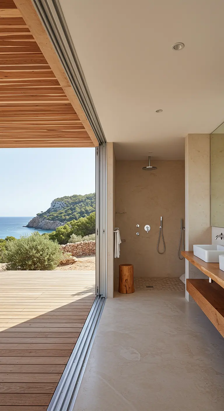 Baño con paredes de cristal correderas que se abren a una terraza con vistas al mar.