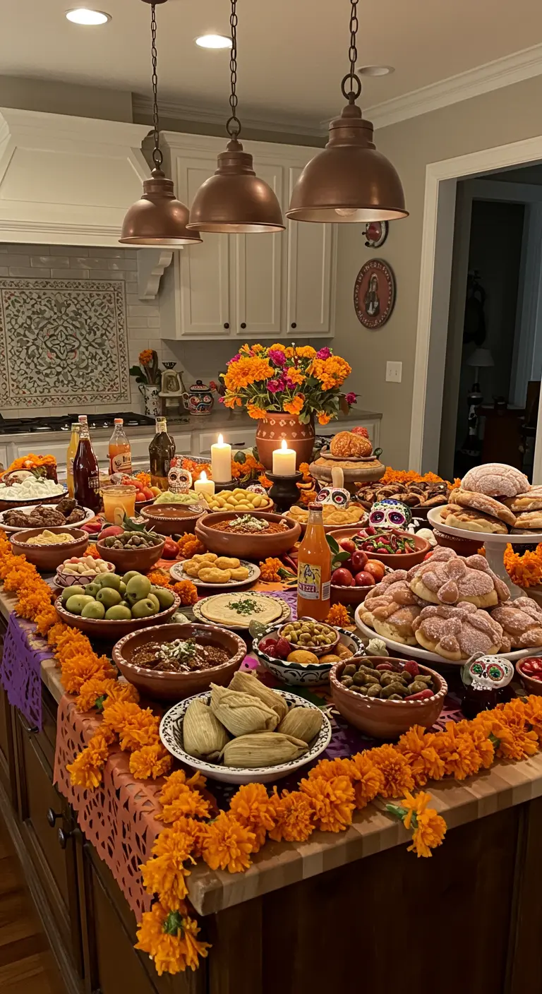 Isla de cocina convertida en un altar de muertos rebosante de comida, pan de muerto y flores.