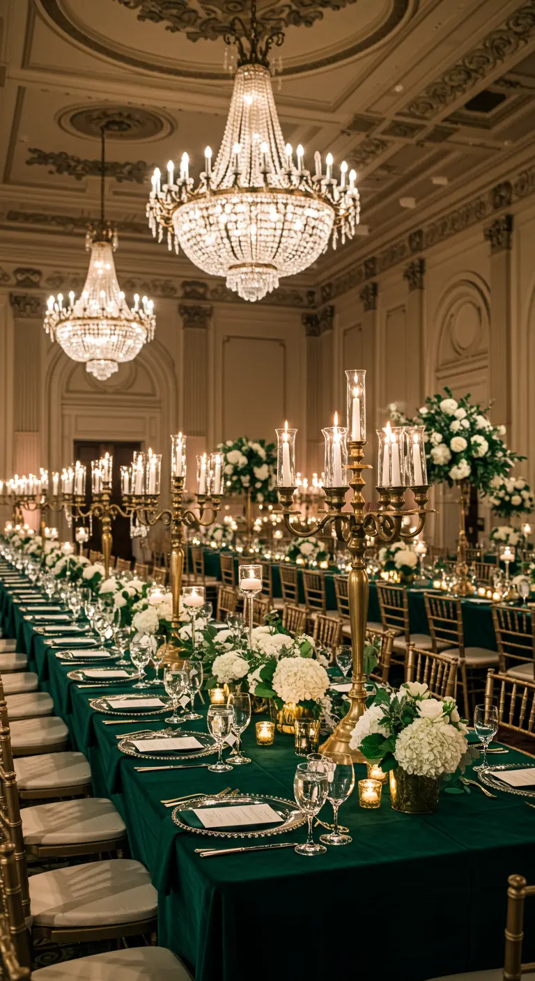 Mesa larga de boda con mantel de terciopelo verde, candelabros dorados y flores blancas.