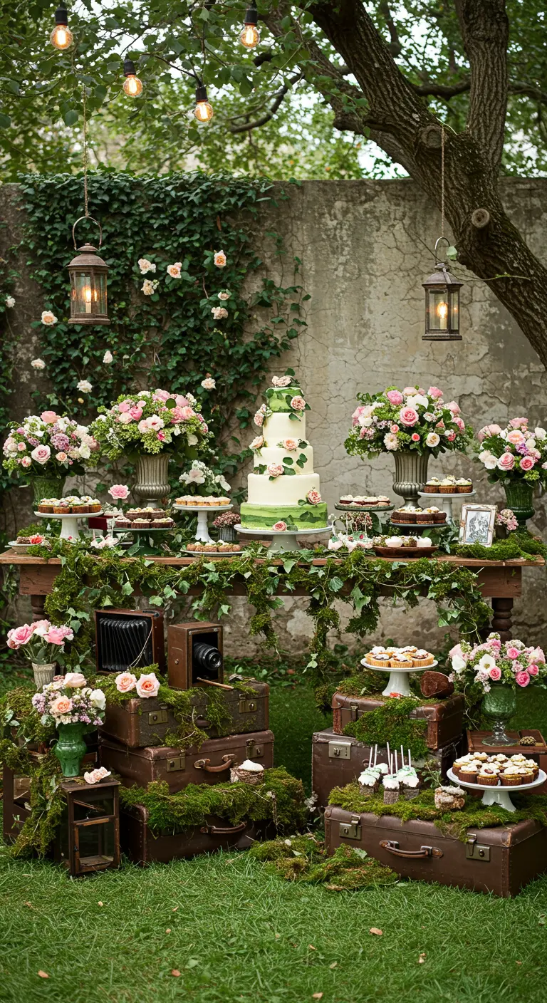 Mesa de postres en un jardín exuberante, con maletas antiguas cubiertas de musgo y flores rosas.