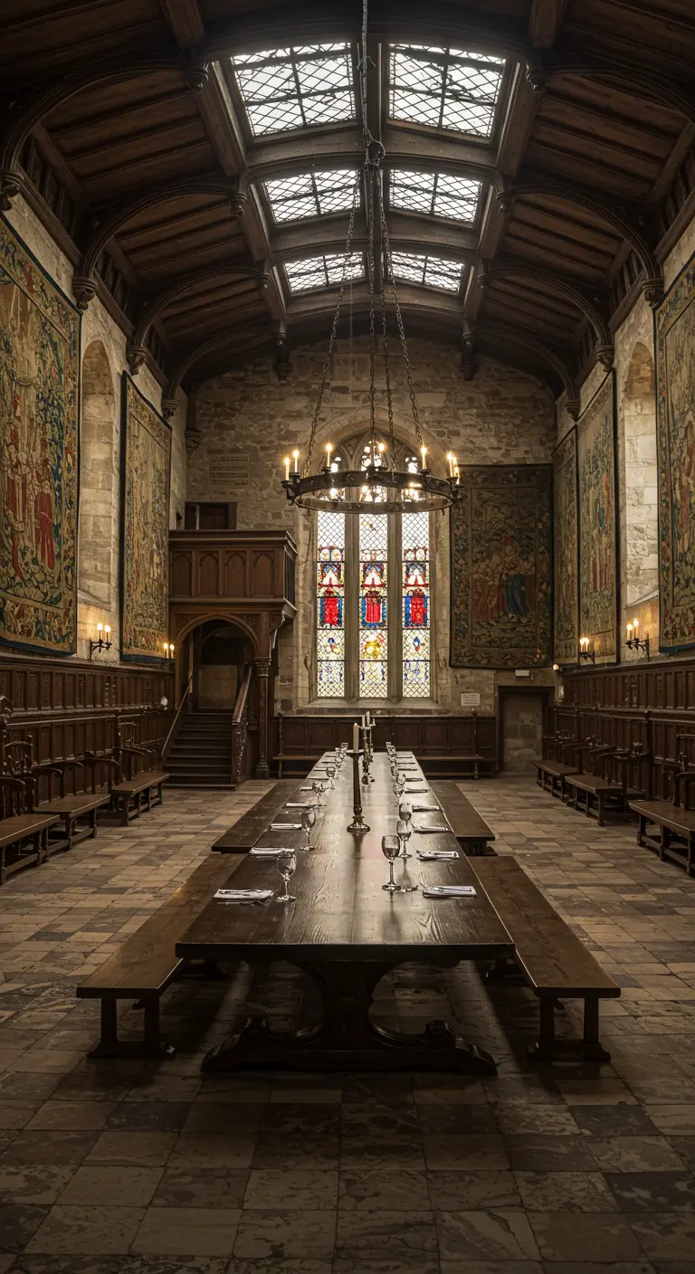Comedor tipo salón de banquetes con largas mesas de madera, bancos y un gran candelabro de hierro.