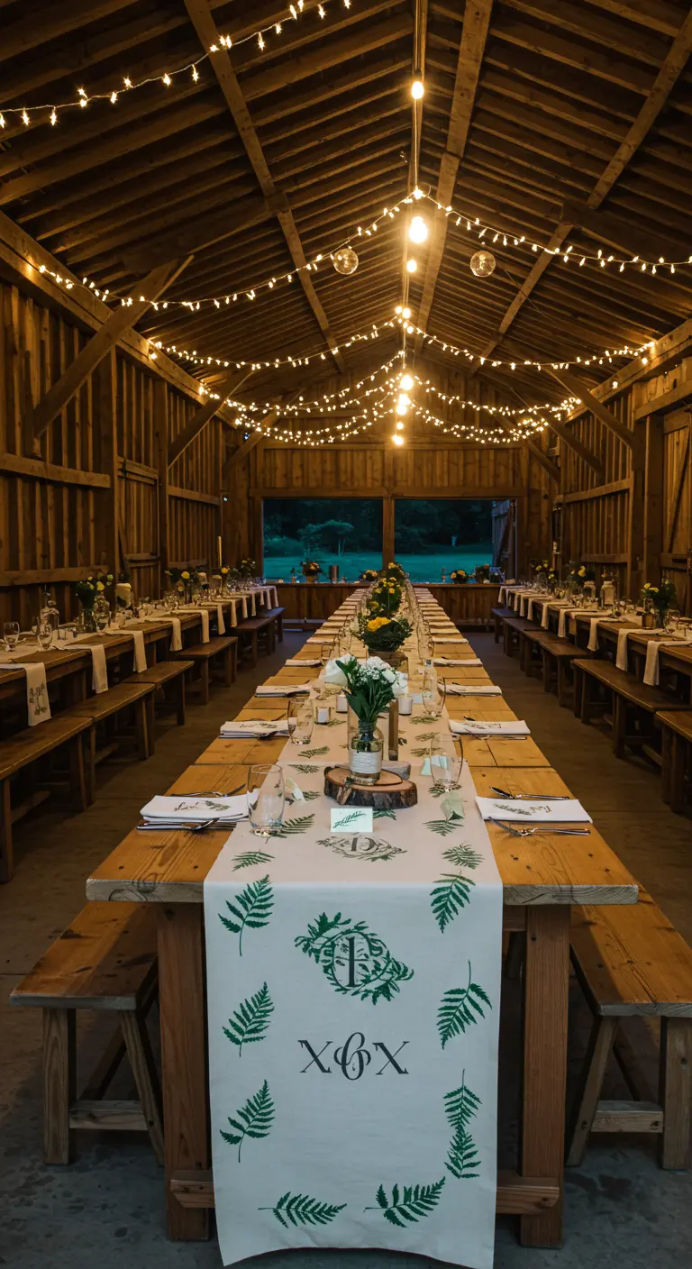 Larga mesa de madera en un granero iluminado con guirnaldas de luces y un camino de mesa estampado.