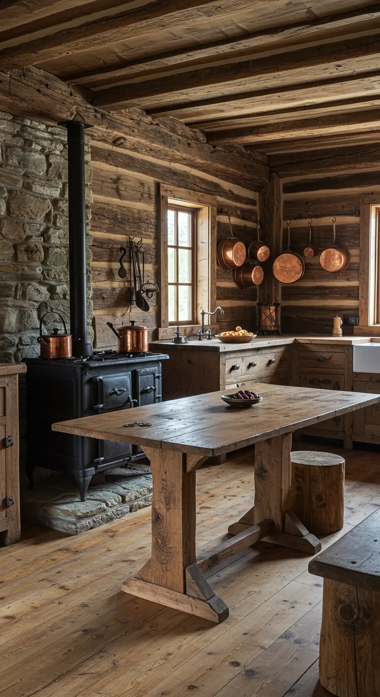 Mesa de comedor de madera maciza de estilo rústico en una cocina de cabaña con paredes de troncos.