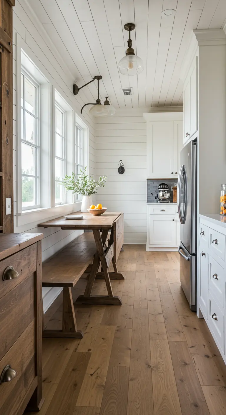 Cocina estilo farmhouse con una mesa de comedor de madera con ala abatible y bancos a juego