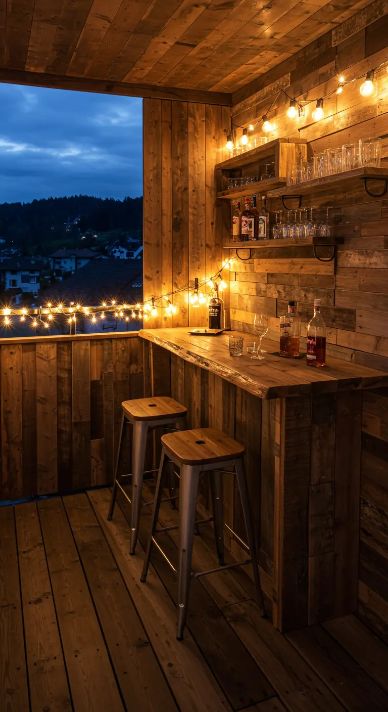 Pequeño balcón convertido en un bar de madera rústica con taburetes altos y estantes para bebidas