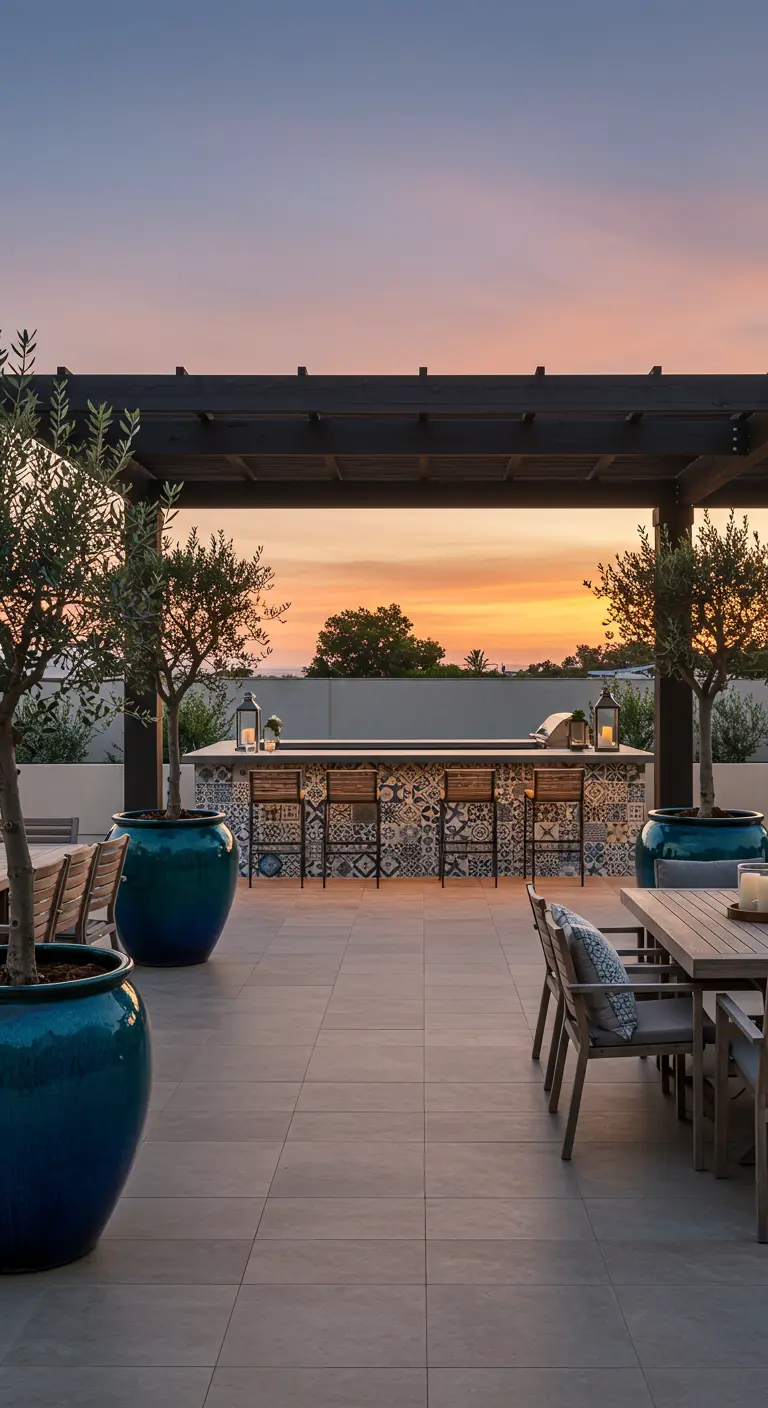 Terraza en una azotea con pérgola oscura sobre una barra de bar alicatada, con vistas al atardecer.