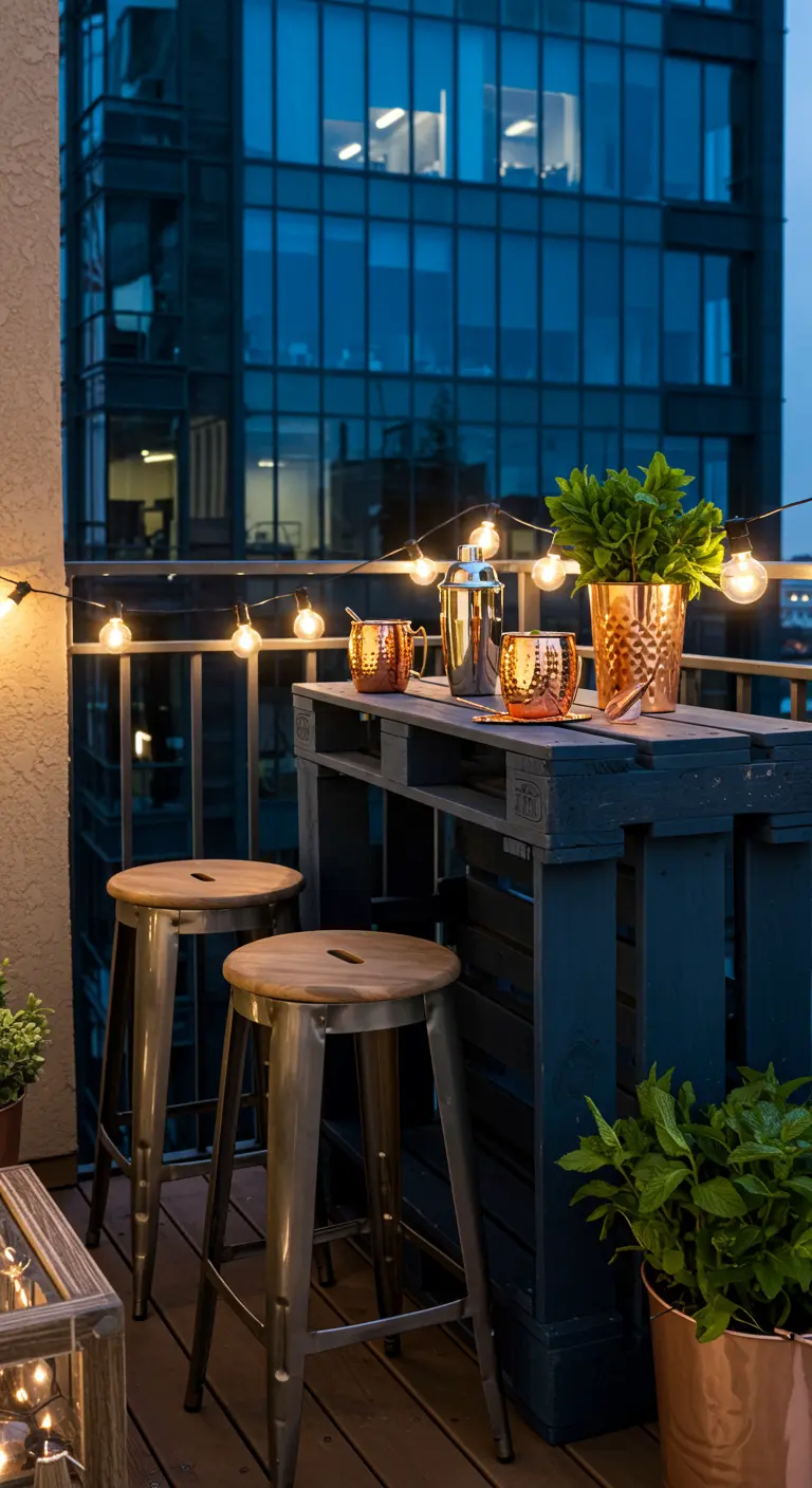 Bar de palets en un balcón urbano con taburetes metálicos y guirnaldas de luces.