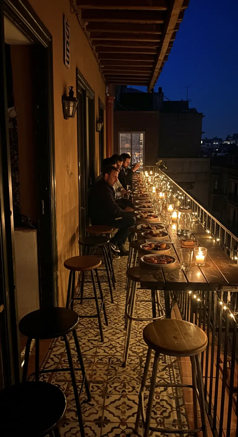 Balcón urbano estrecho con una barra larga, taburetes y luces de hadas por la noche.