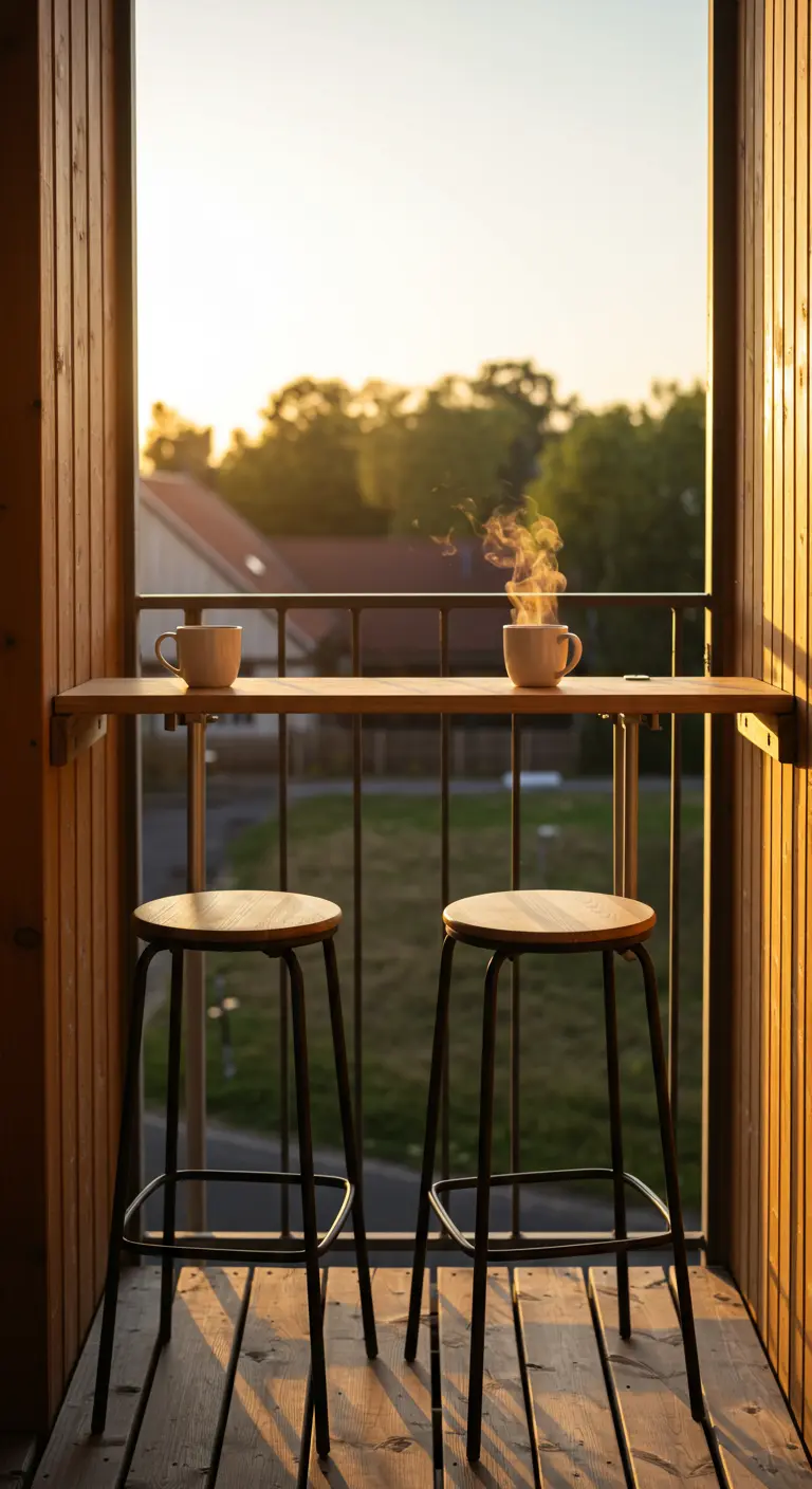 Balcón estrecho con una barra de madera en la barandilla y dos taburetes altos al atardecer.