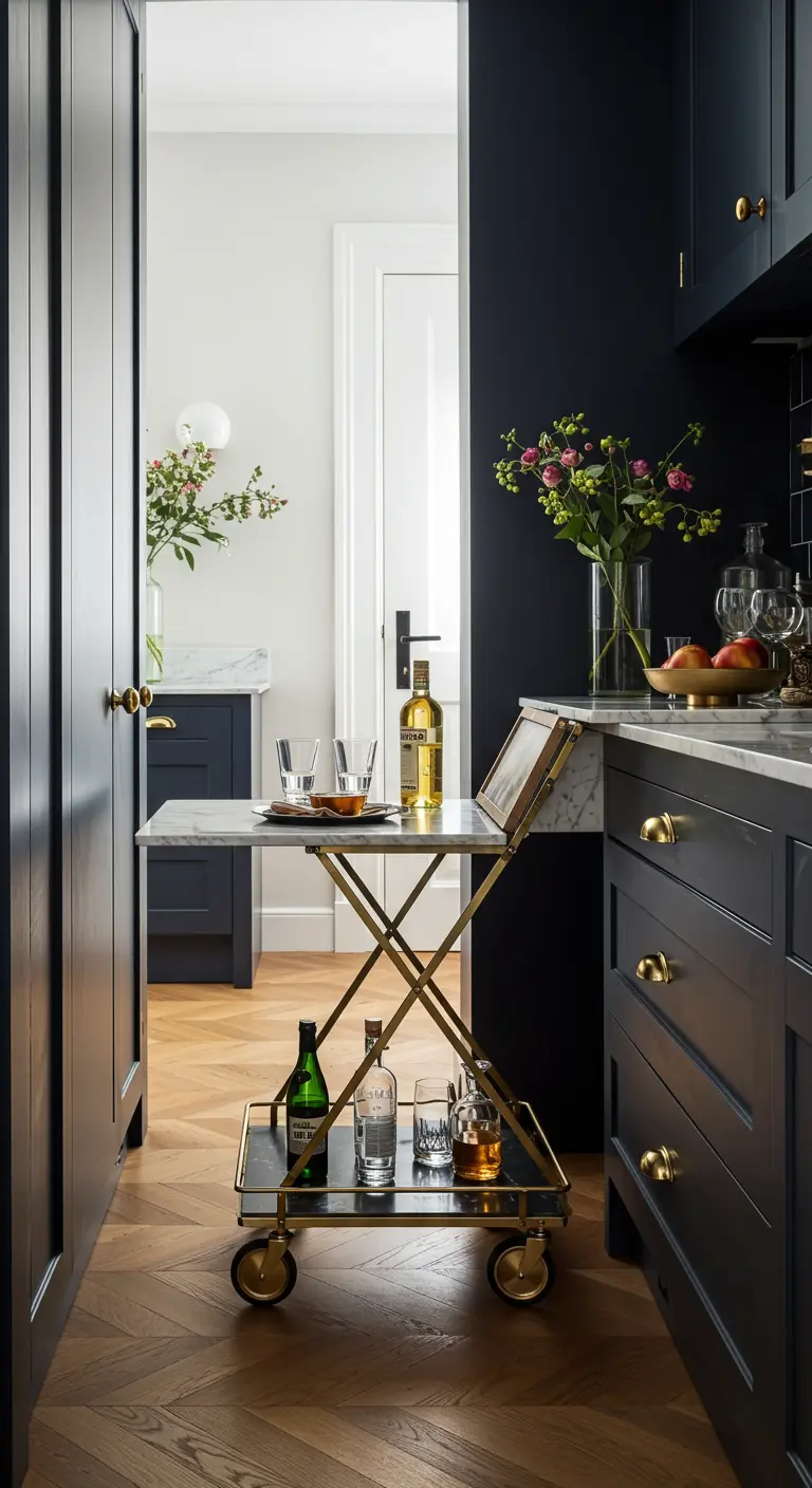 Elegante carrito de bar plegable de latón y mármol en una cocina de color azul oscuro