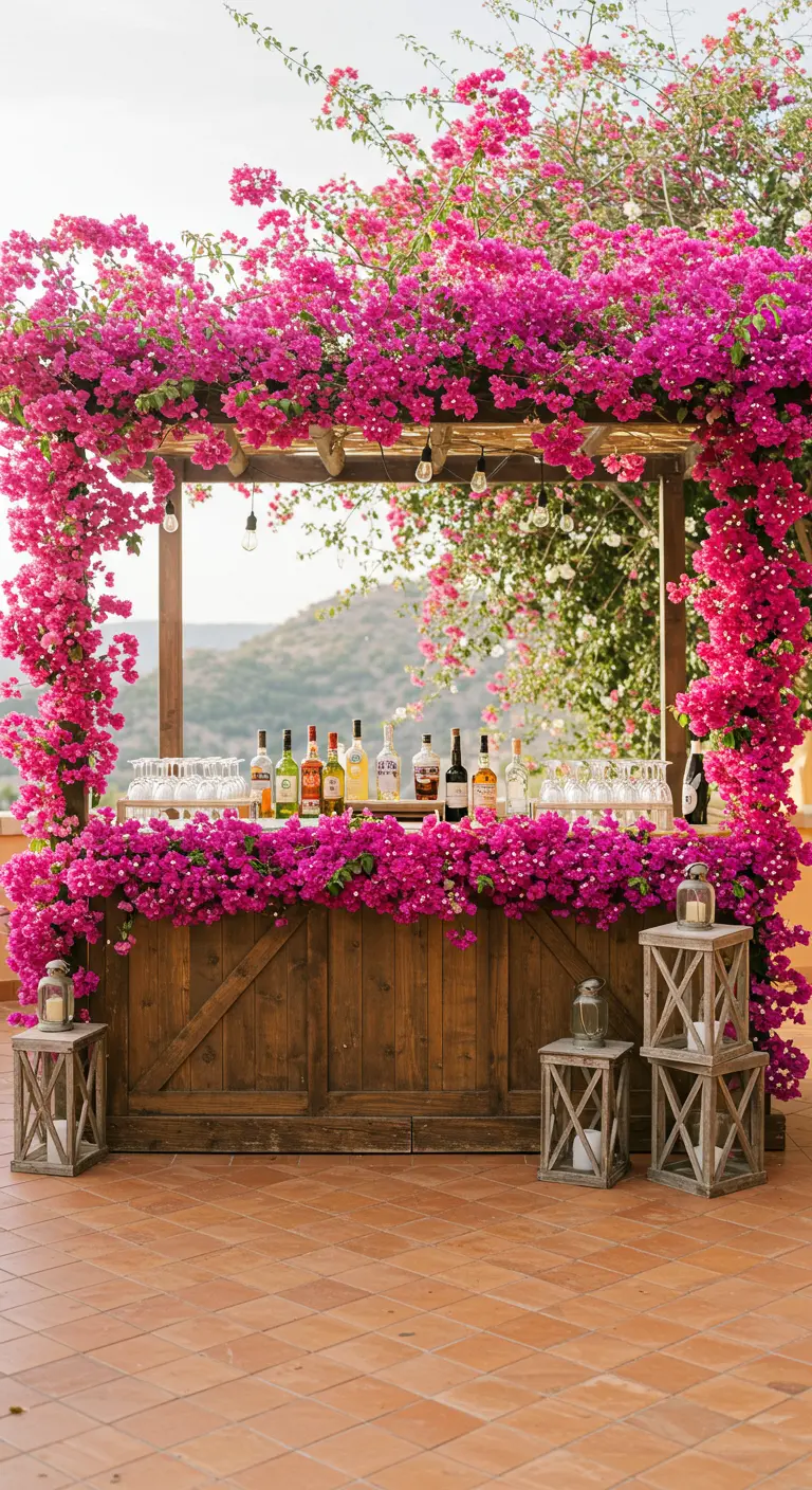 Barra de bar de madera rústica enmarcada con abundantes buganvillas fucsias.