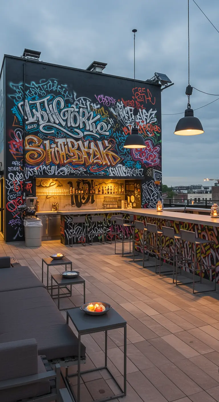 Bar en una azotea con una pared completamente cubierta de grafitis coloridos y lámparas colgantes