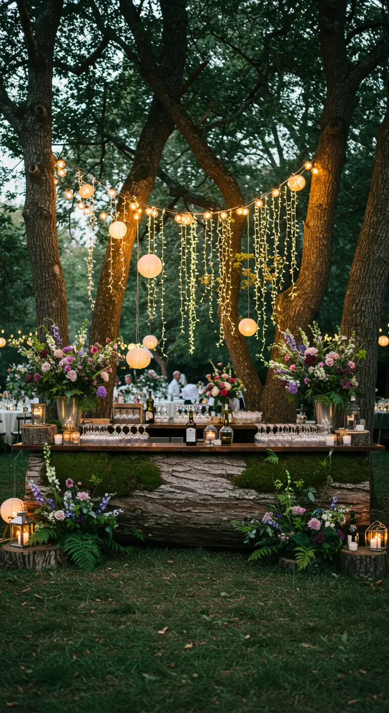 Barra de bebidas rústica en un bosque por la noche, decorada con luces de hadas y farolillos.