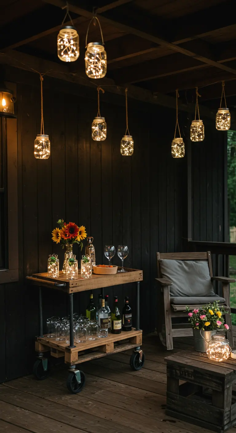 Carrito de bar hecho con un palet y ruedas, bajo luces colgantes hechas con frascos de cristal.