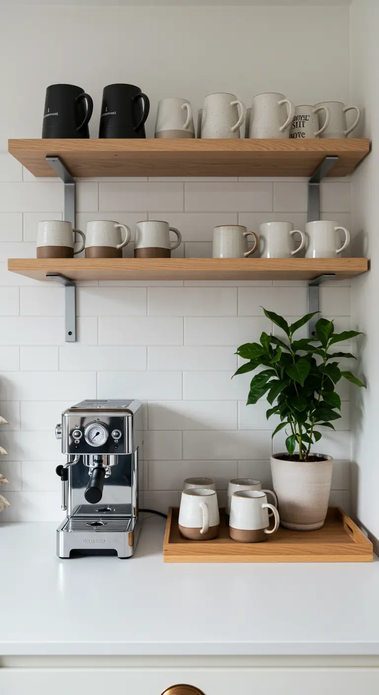 Estación de café con cafetera, estantes de madera con tazas y una pequeña planta de café.