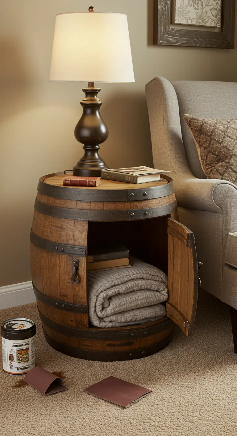 Mesa auxiliar hecha con un barril de vino con una puerta y espacio de almacenamiento interior