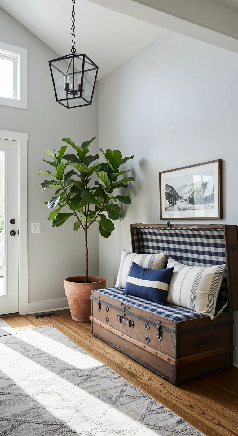 Baúl vintage de madera convertido en un banco de entrada con cojines de cuadros azules y blancos.
