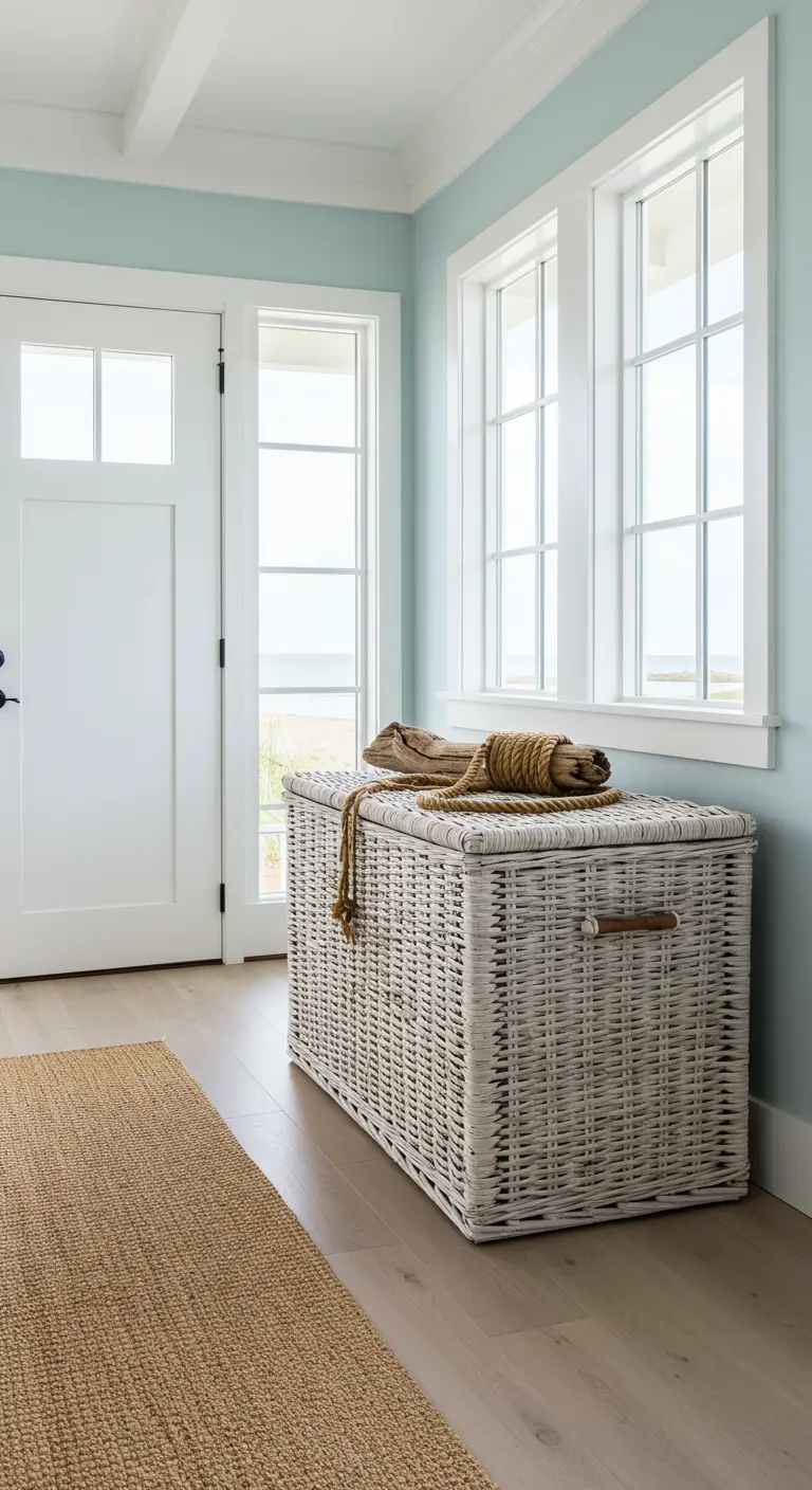 Baúl de mimbre blanco en una entrada de estilo costero con paredes azul claro y suelo de madera.