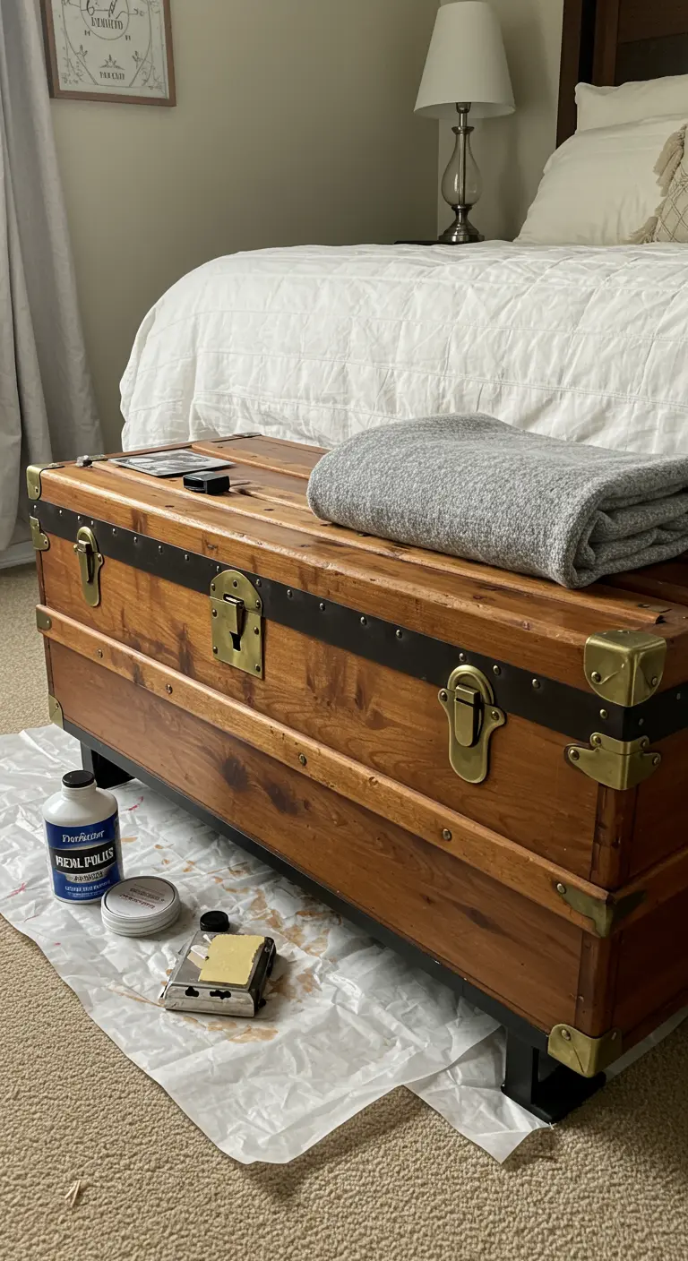 Baúl de madera antiguo con herrajes de latón convertido en mesa de centro con patas bajas.