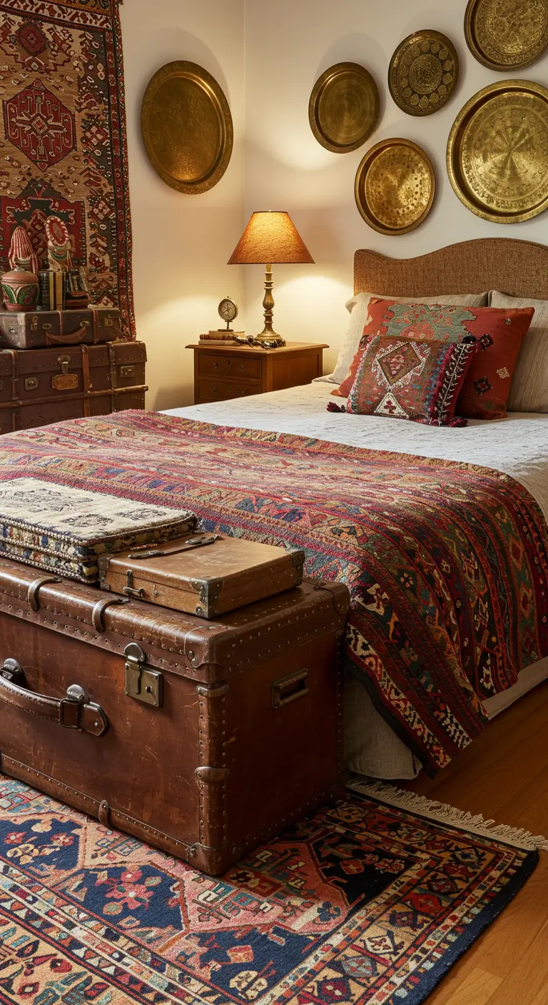 Dormitorio ecléctico con baúles antiguos, alfombras superpuestas y bandejas de latón en la pared