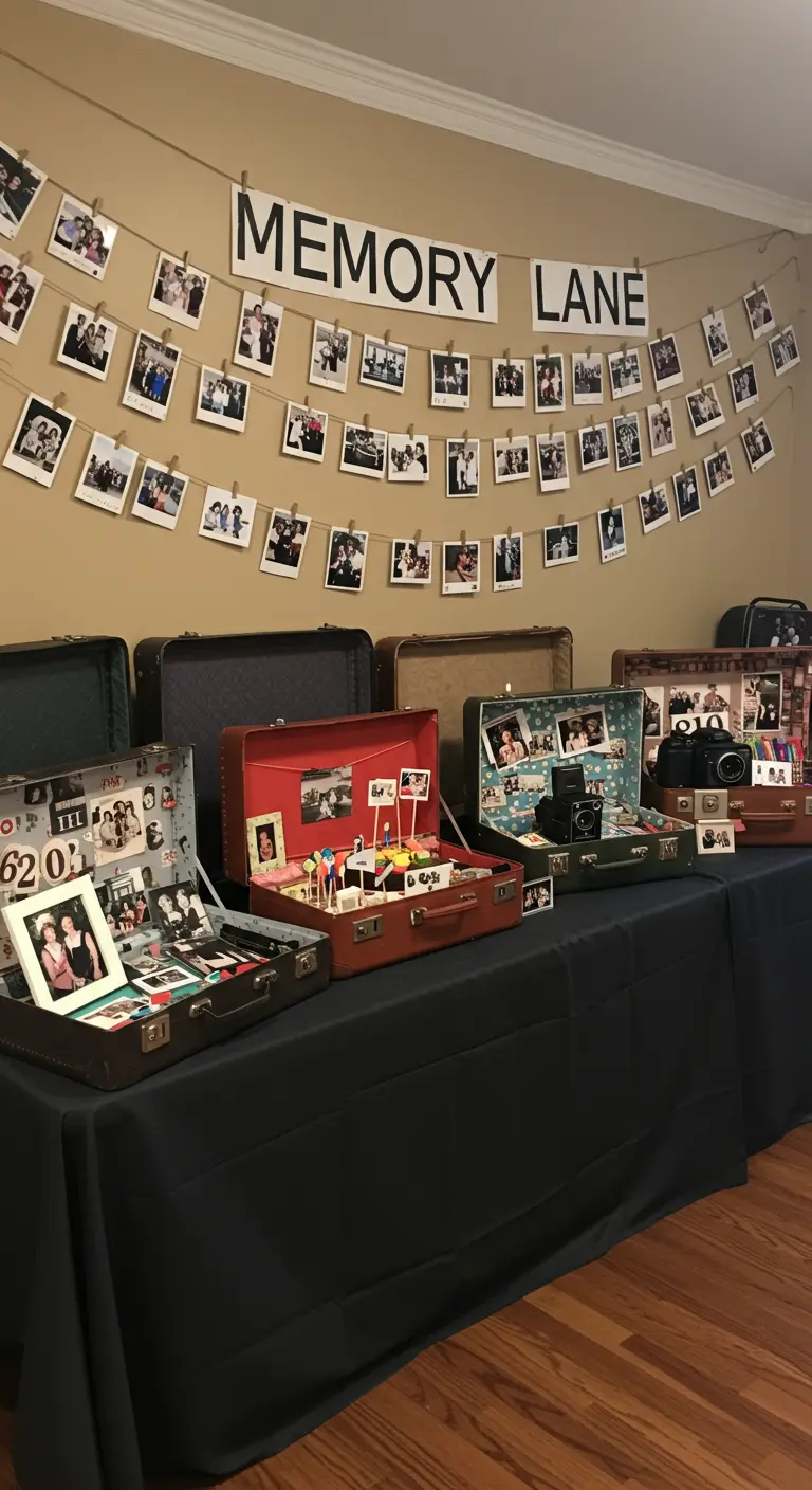 Exhibición de 'Memory Lane' con fotos colgadas en cuerdas y maletas abiertas llenas de recuerdos.
