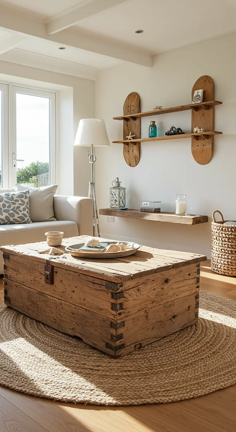 Mesa de centro hecha con un viejo baúl de madera en una sala de estar de estilo costero.
