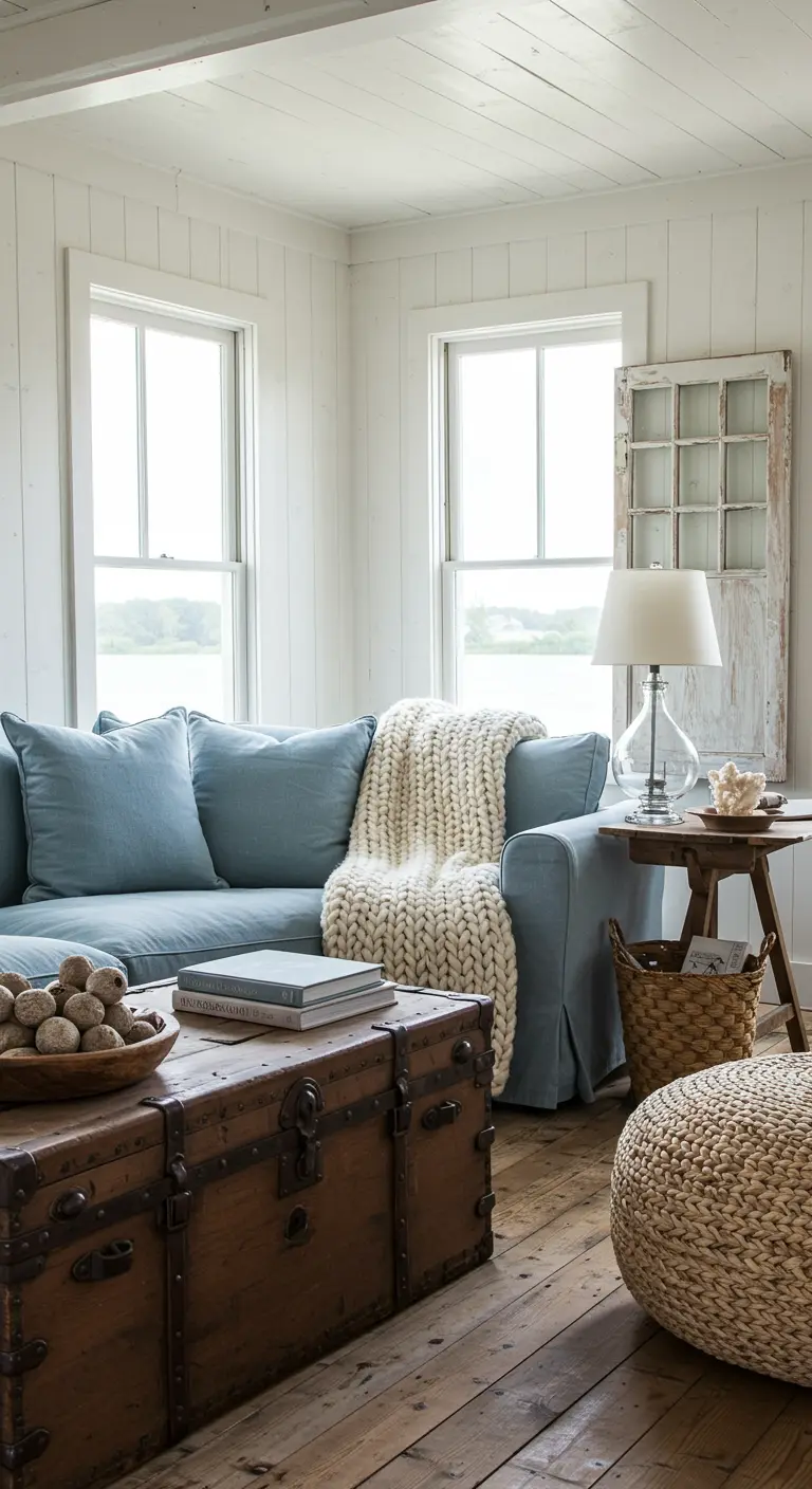 Rincón de sala acogedor con sofá azul, manta de punto y un baúl de madera como mesa