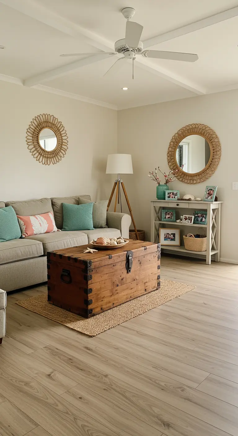 Sala de estar con un baúl de madera antiguo como mesa de centro y espejos de mimbre.