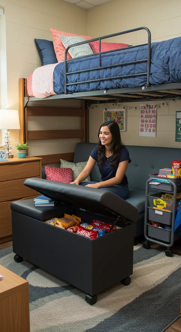 Otomana negra con ruedas y almacenamiento interior en una habitación de estudiante.