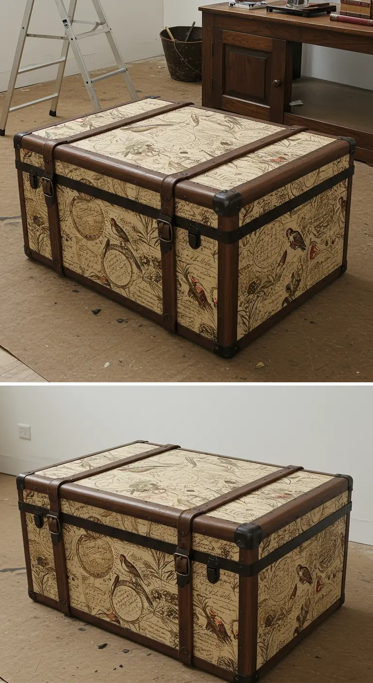 Baúl de madera antiguo transformado en mesa de centro, forrado con papel de mapas y pájaros de estilo vintage.