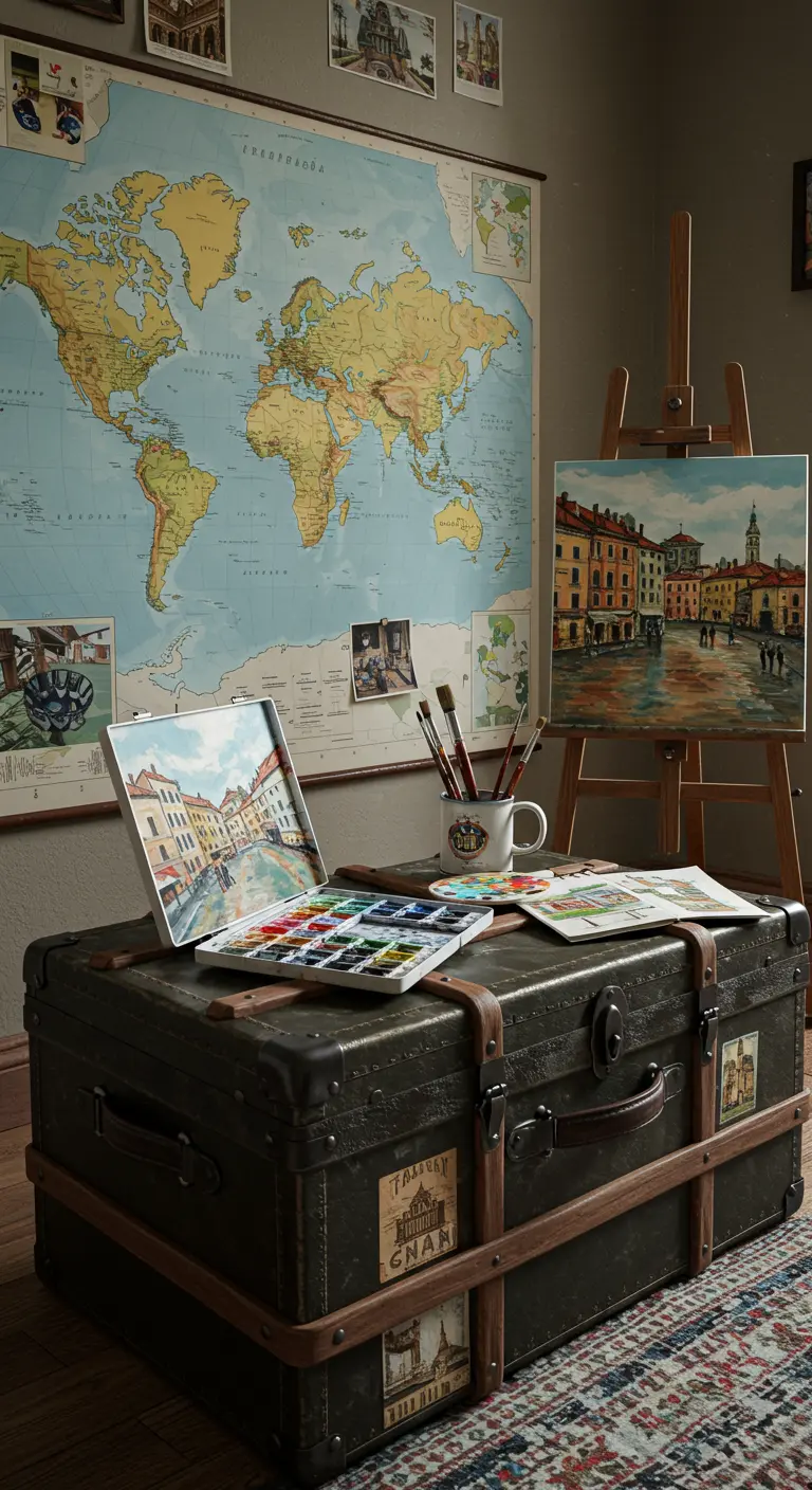 Rincón de arte con un mapa del mundo en la pared y un baúl de viaje usado como mesa para acuarelas.