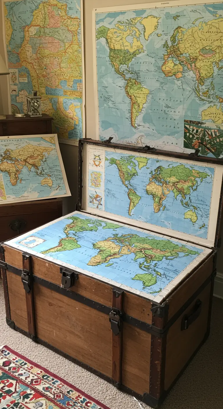 Baúl de madera antiguo decorado con mapas del mundo en su superficie exterior e interior.