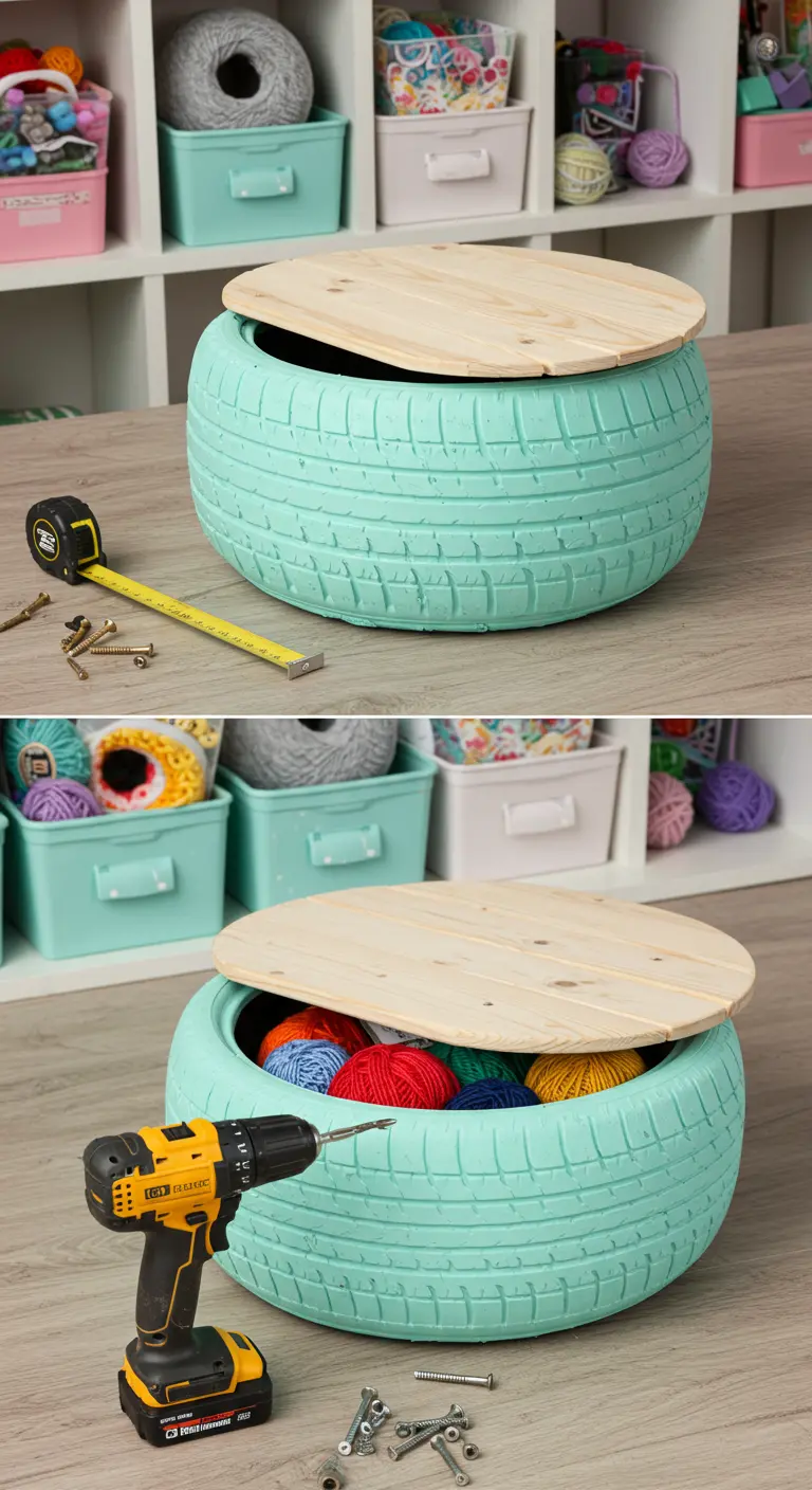 Puf de neumático pintado en verde menta con una tapa de madera que revela un espacio de almacenamiento.