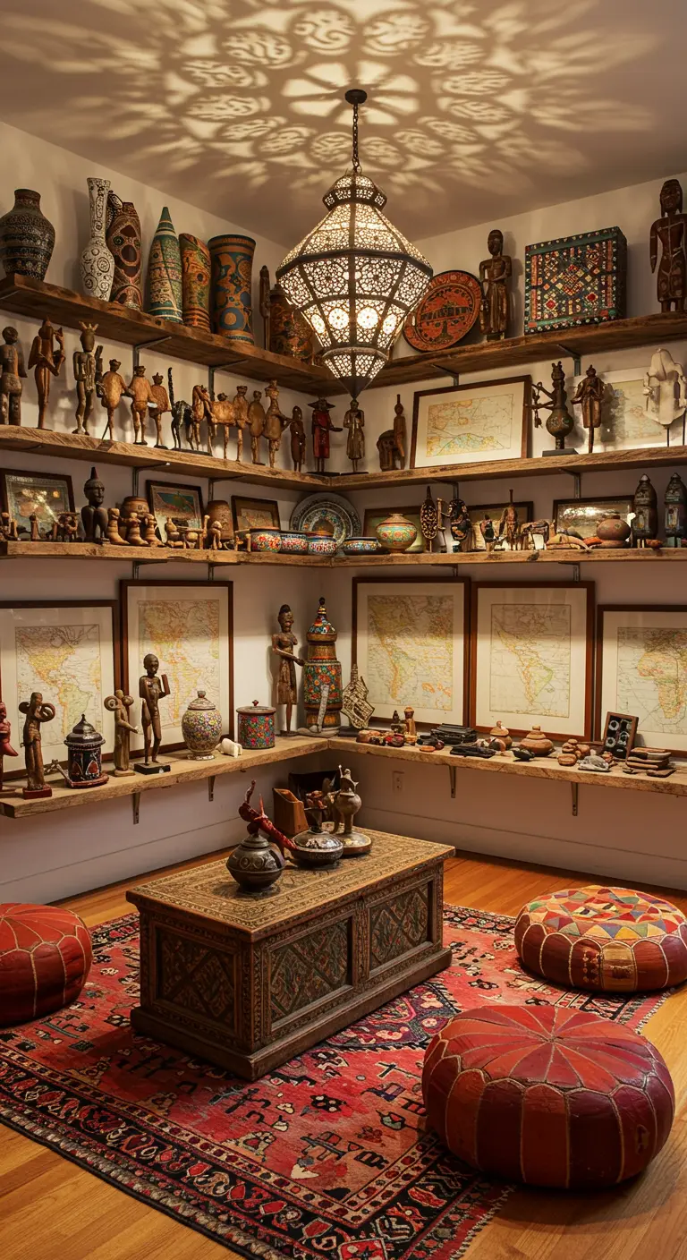 Rincón ecléctico con estantes llenos de artefactos del mundo y una lámpara marroquí