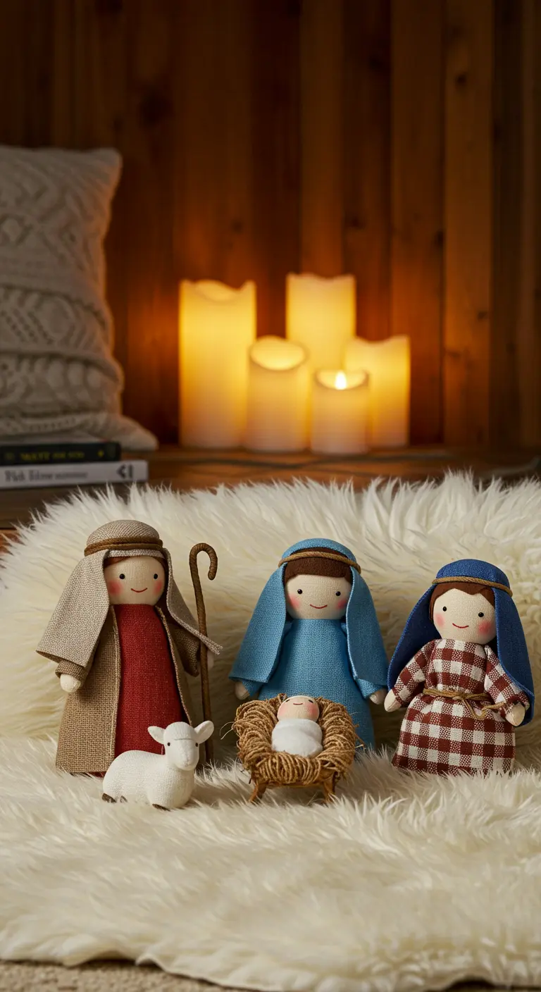 Figuras de belén de tela sobre una alfombra de piel de oveja, con velas LED de fondo.