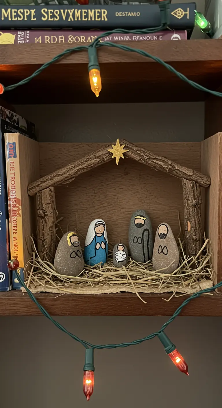 Figuras del belén pintadas sobre piedras lisas dentro de una pequeña caja de madera.