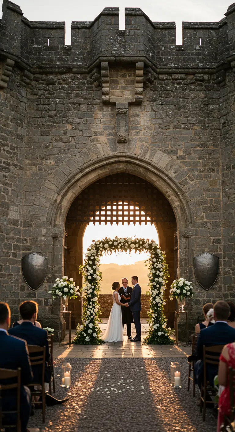 Pareja de novios casándose bajo un arco floral en la entrada de un castillo.