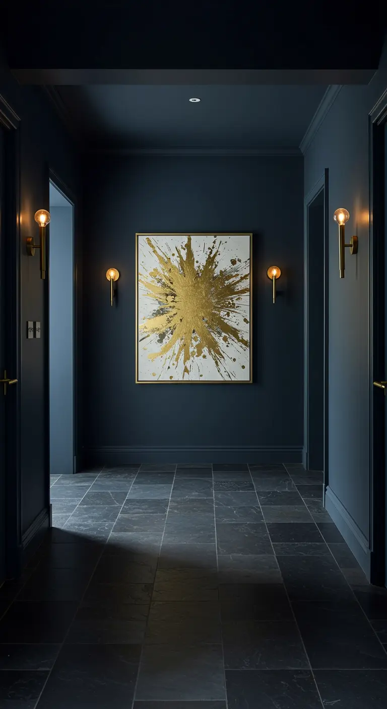 Pasillo oscuro pintado de azul noche con un cuadro abstracto dorado y apliques de pared.