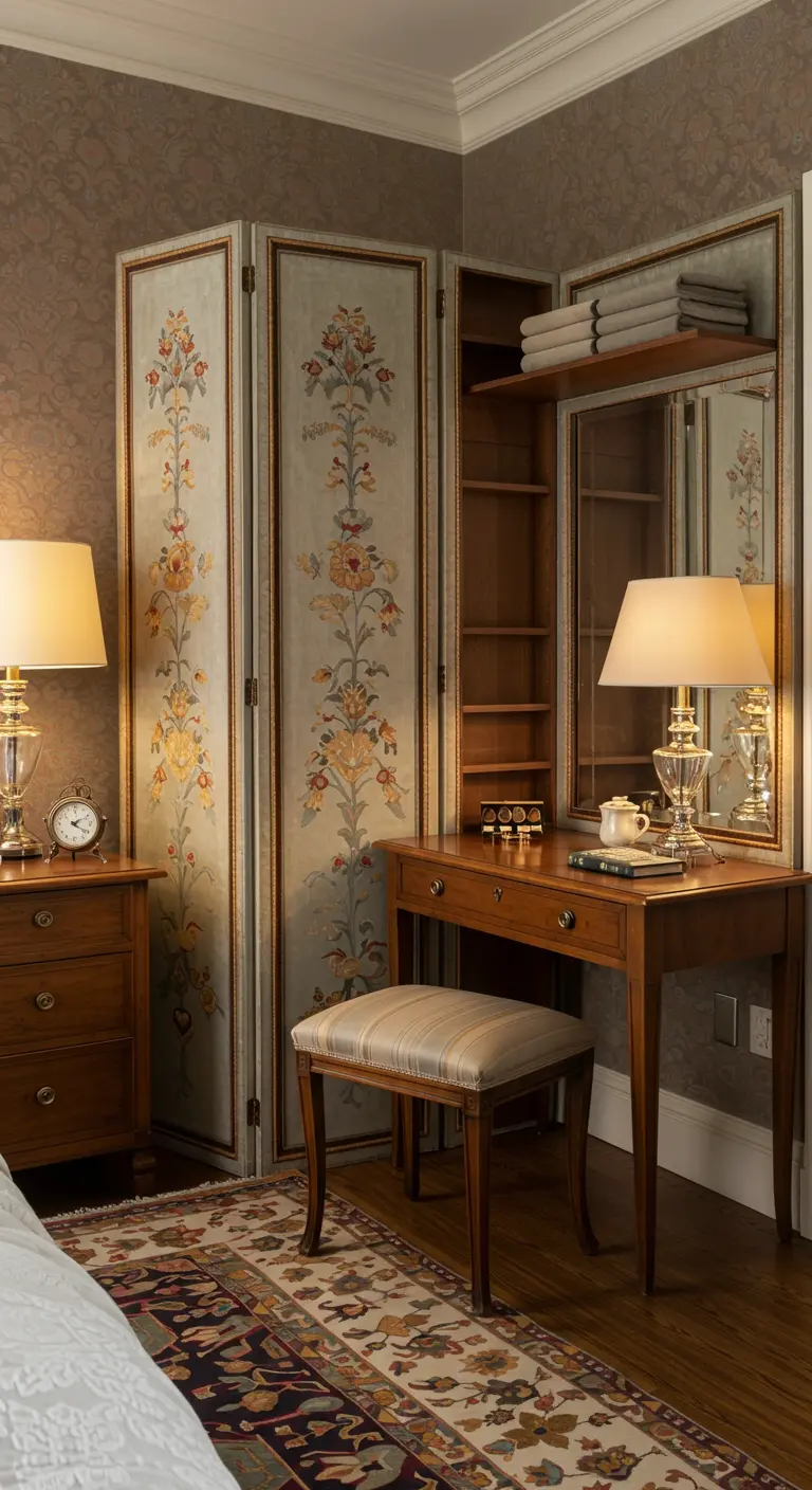 Biombo de estilo vintage con estampado floral que oculta un armario.
