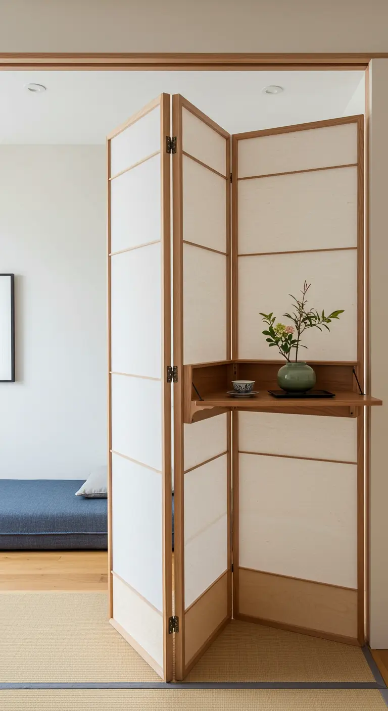 Biombo de estilo japonés con paneles de papel de arroz y una pequeña balda de madera desplegada.