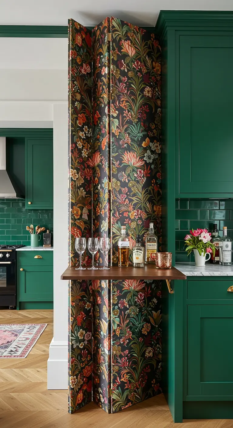 Biombo estampado con flores y una pequeña mesa de bar de madera plegable incorporada.