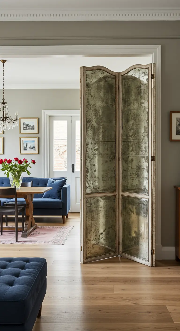 Biombo de tres paneles con espejos envejecidos separando dos zonas de un salón