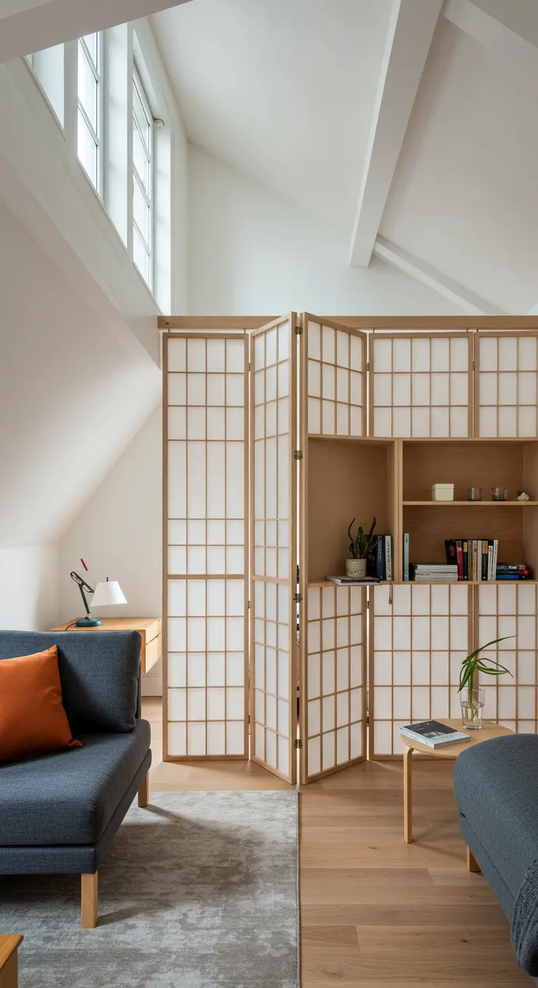 Biombo de estilo japonés con paneles de papel y madera que divide una sala de estar con estanterías.
