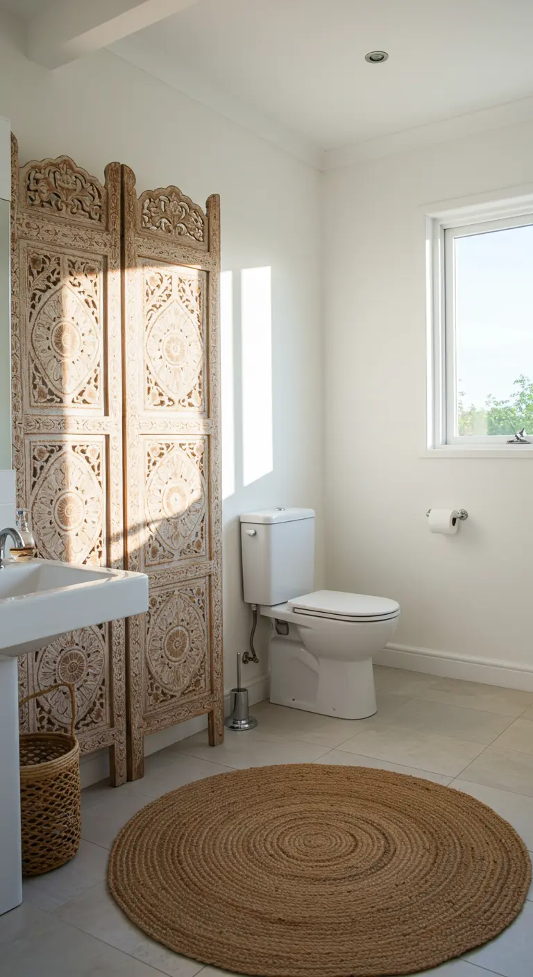 Baño blanco con un gran biombo de madera tallada que aporta privacidad y estilo.