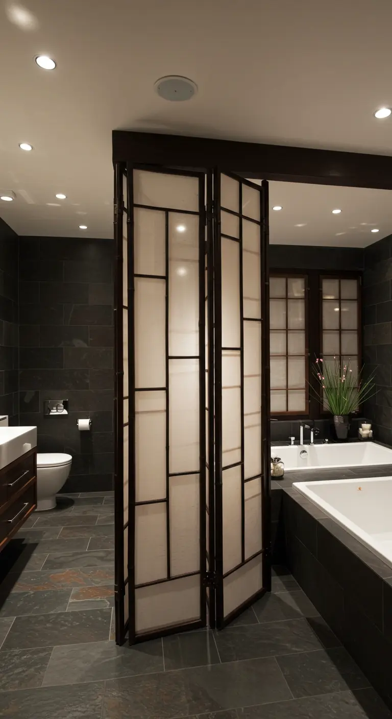 Baño dividido por un biombo de estilo japonés con marco de bambú oscuro y papel de arroz.