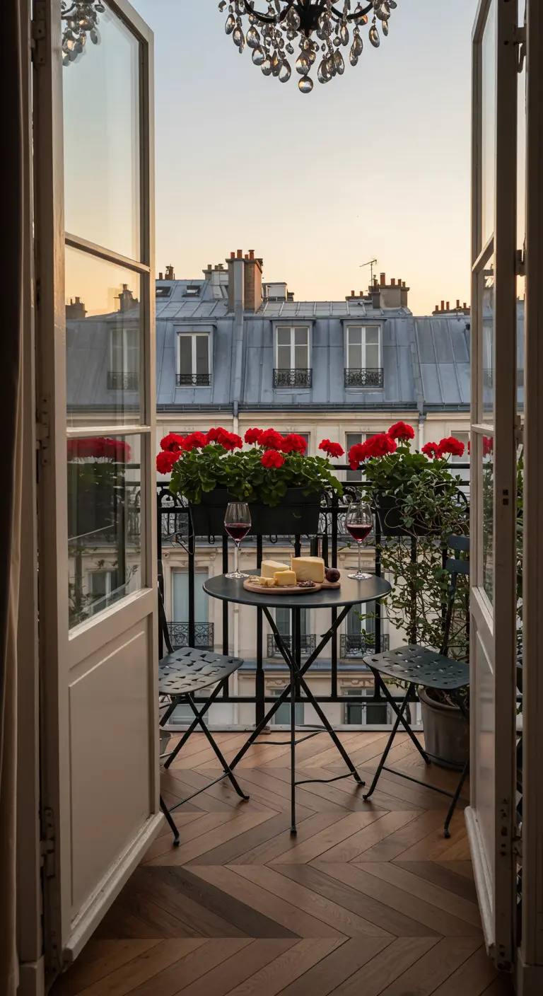Balcón parisino con mesa bistró, sillas de metal, geranios rojos y vistas a los tejados al atardecer.