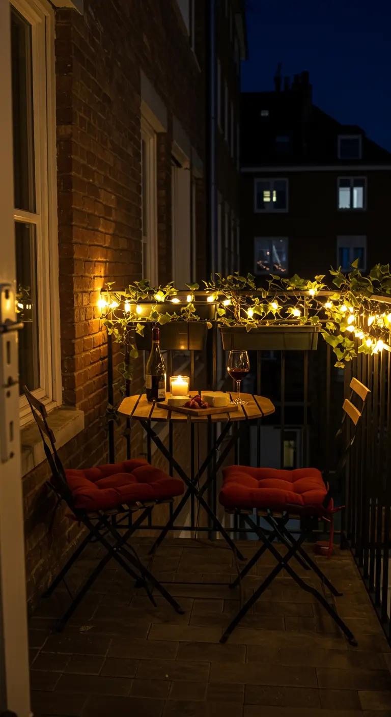 Pequeño balcón urbano con mesa, sillas, vino y guirnaldas de luces cálidas entrelazadas con hiedra.