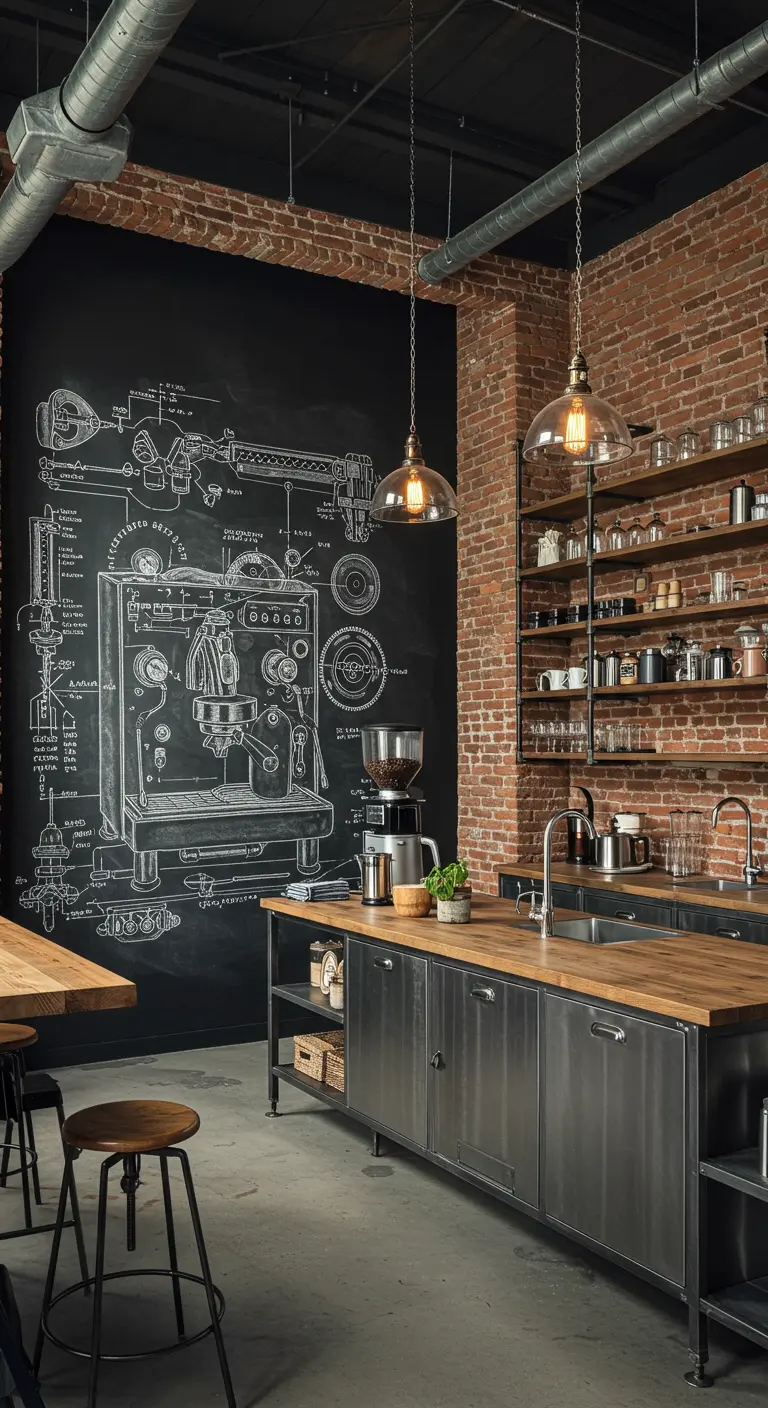 Cocina de estilo industrial con pared de ladrillo y una gran pared de pizarra con el dibujo técnico de una cafetera.