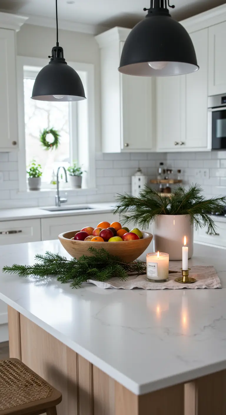 Isla de cocina de mármol con un cuenco de madera lleno de fruta, ramas de pino y una vela encendida